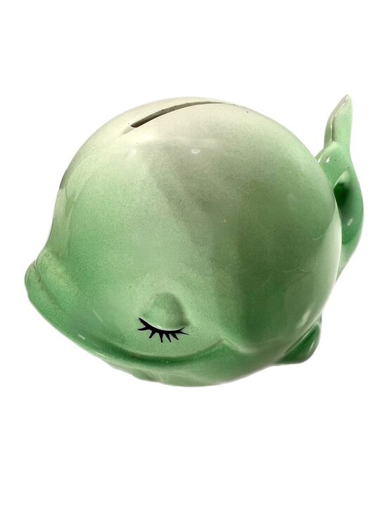Other - Ceramic Pottery Green Whale Coin Savings Bank with Plug Eyelashes Taiwan HTF